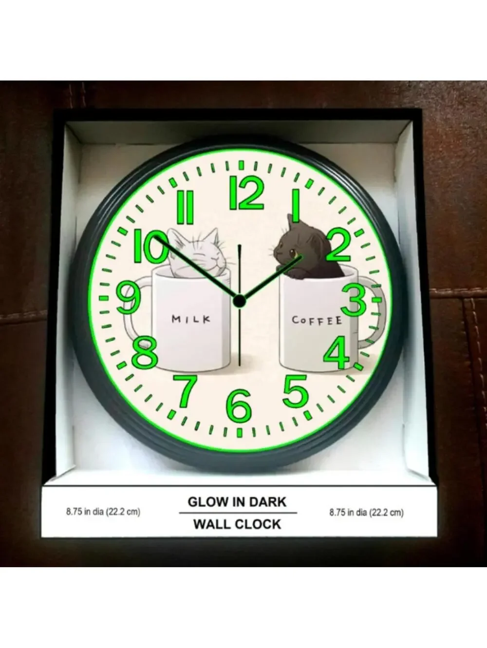 Milk Coffee Cat Kitty Glow In The Dark Wall Clock New!